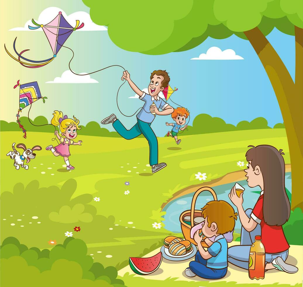 actif des loisirs famille avec les enfants. ayant pique-nique sur séance couverture, qualité temps ensemble, marche, dépenses temps, ayant amusant, ensemble dans parc sur vert pelouse. vecteur