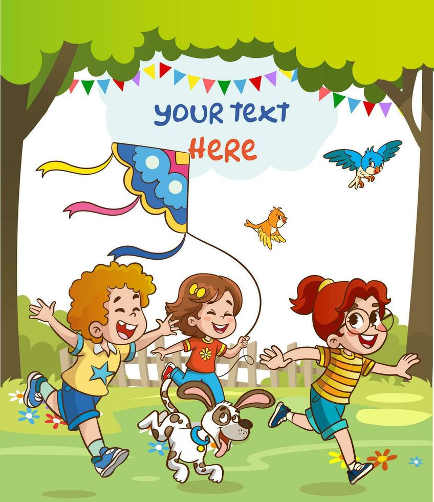 peu des gamins en jouant avec le sien ami dans la nature et sentiment Des enfants heureux en volant cerfs-volants.jouer temps. vecteur