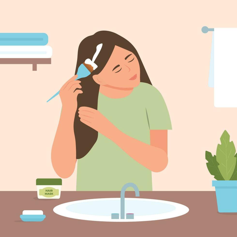 femme s'applique soin des cheveux produit, masque, crème hydratante crème. fille prend se soucier à propos sa cheveux, Faire Accueil spa procédure. cheveux traitement.vecteur illustration vecteur