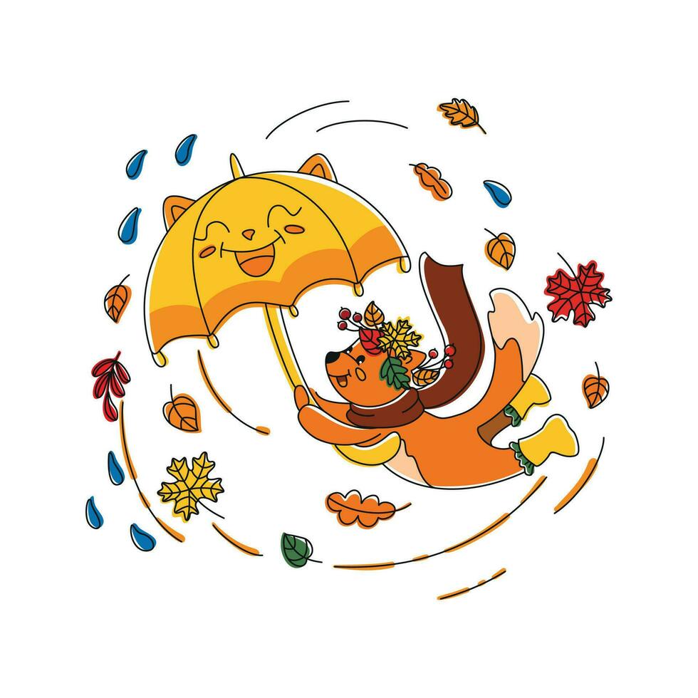 mignonne Renard avec une Jaune parapluie des promenades dans le l'automne forêt. l'automne saison. enfants illustration. vecteur. vecteur