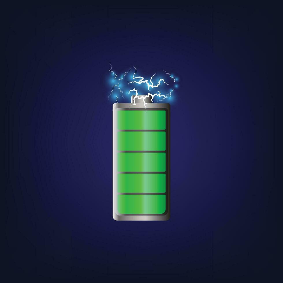 déchargé plein batterie embrasé avec vert lumière mise en charge statut indicateur isolé sur bleu Contexte. réaliste verre Puissance batterie. 3d vecteur illustration.