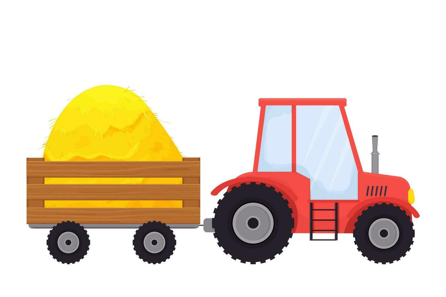 tracteur rouge avec remorque, matériel agricole en style cartoon isolé sur fond blanc. véhicule de campagne, récolte. . illustration vectorielle vecteur