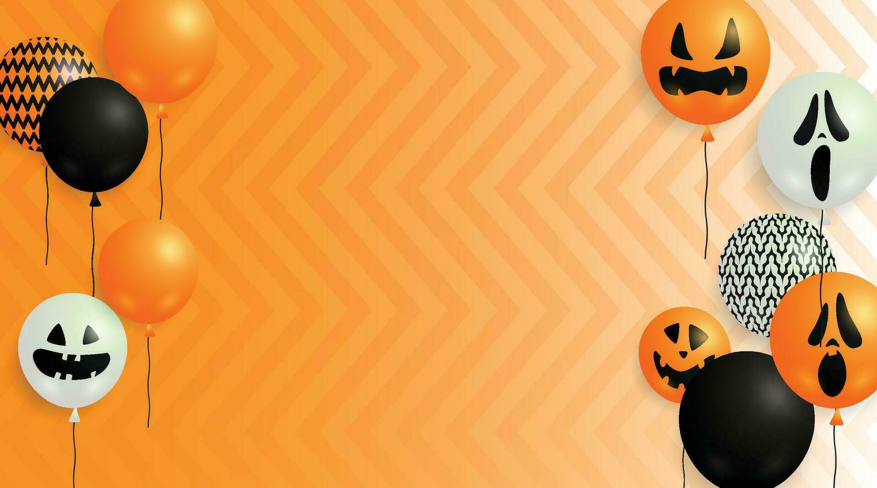 arrière-plan pour halloween avec ballons fantômes d'halloween et citrouille. ballons à air effrayants, chauve-souris, bonbons et éléments d'halloween sur fond jaune. vecteur