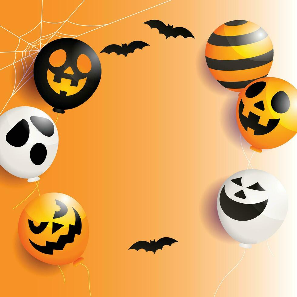 arrière-plan pour halloween avec ballons fantômes d'halloween et citrouille. ballons à air effrayants, chauve-souris, bonbons et éléments d'halloween sur fond jaune. vecteur