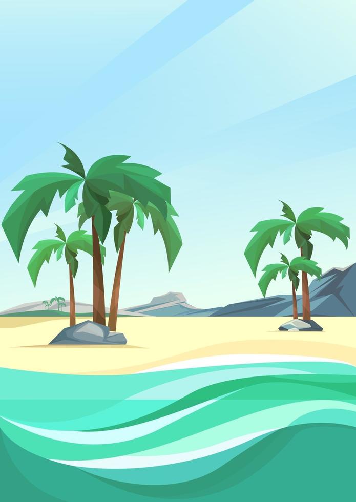 côte de l'île déserte avec palmiers et montagne en orientation verticale. vecteur