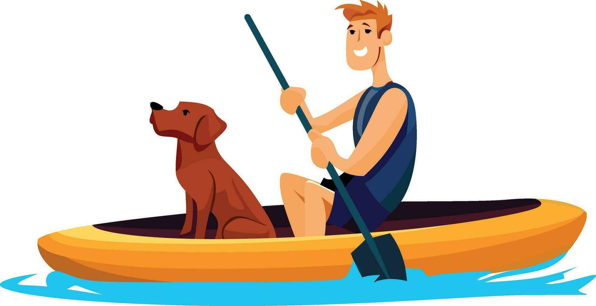 homme sur kayak avec le sien chien plat style vecteur illustration , content homme et une chien équitation une bateau dessin animé vecteur image