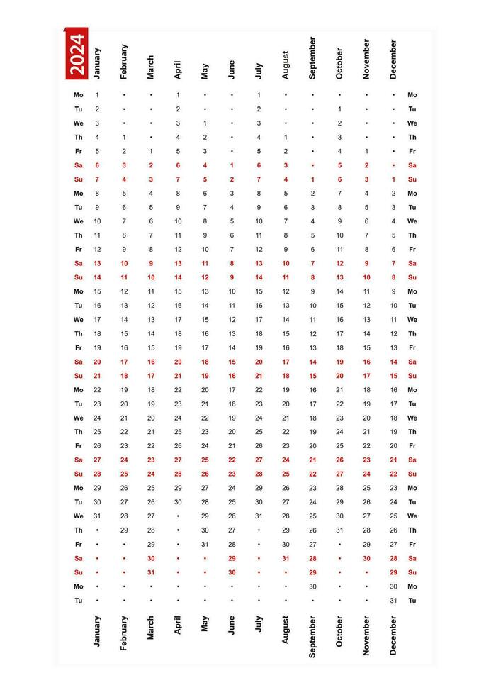 un rangée verticale calendrier 2024, Lundi premier journée de le semaine. vecteur