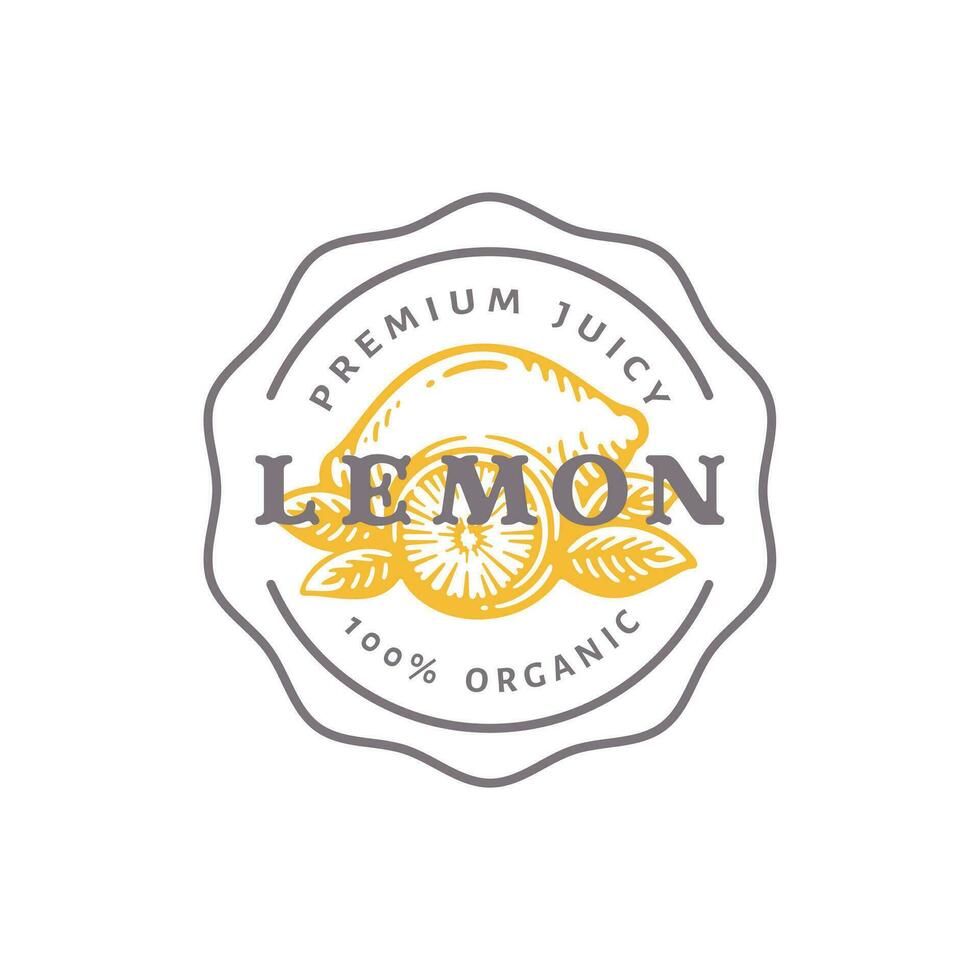 citron badge ou logo modèle. main tiré citrons avec feuilles esquisser avec rétro typographie et les frontières vecteur
