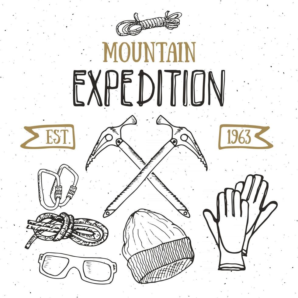 ensemble vintage expédition en montagne. Éléments de croquis dessinés à la main pour emblème de badge rétro, aventure de randonnée en plein air et montagnes explorant la conception d'étiquettes, sports extrêmes, illustration vectorielle. vecteur