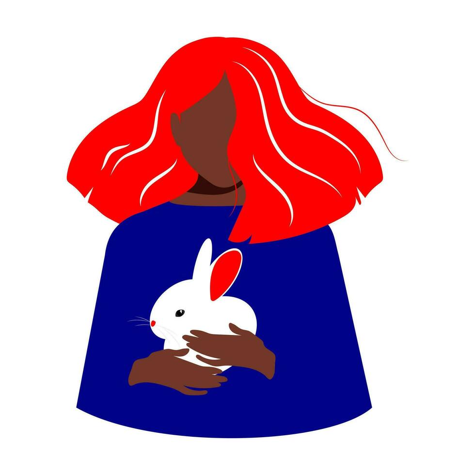 une fille avec longue luxuriant rouge cheveux et foncé peau détient une mignonne blanc lapin dans sa mains sur une blanc Contexte. animal protection journée. content Pâques. vecteur. vecteur