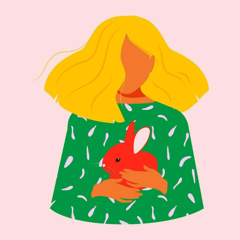 une fille avec longue luxuriant cheveux détient une mignonne lapin dans sa mains sur une rose doux Contexte. animal protection journée. content Pâques journée. vecteur. vecteur