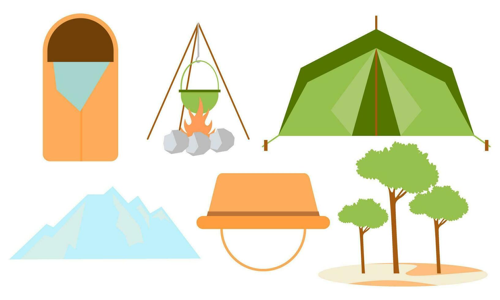 dessin animé camping et randonnée équipement tente et forêt la nature camp logo vecteur