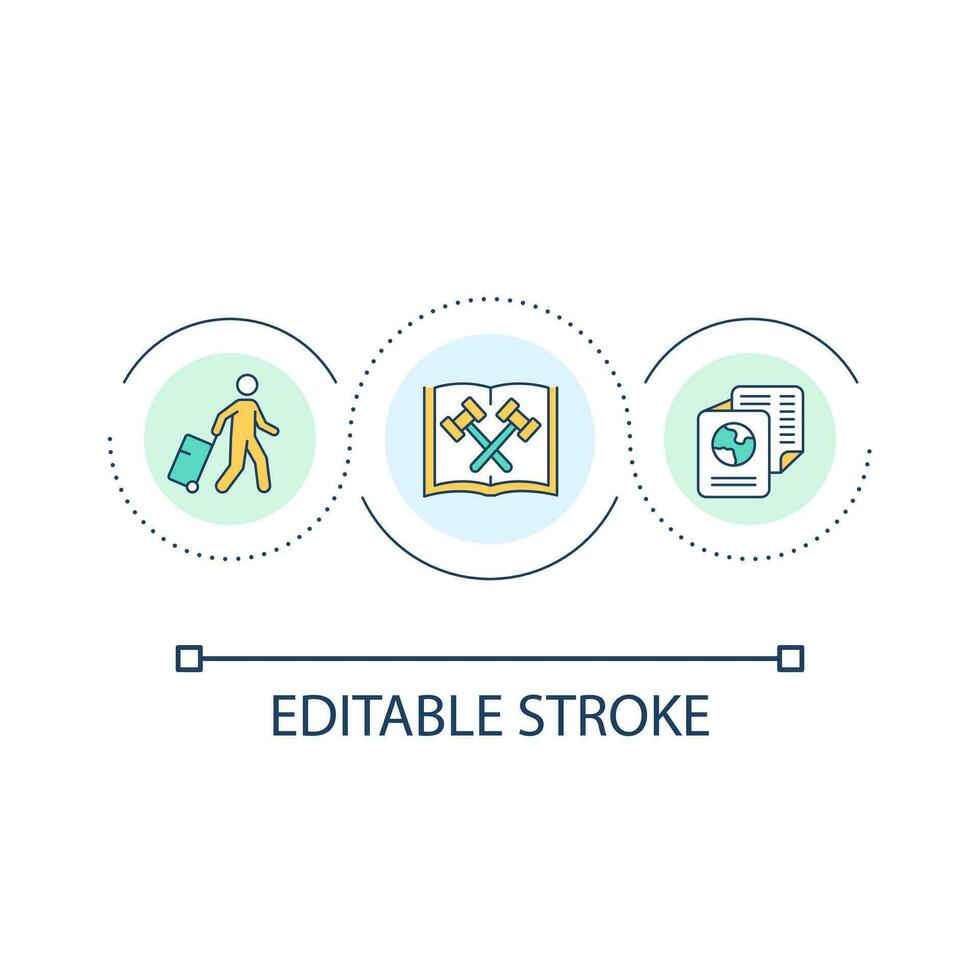 lois régulateur immigration boucle concept icône. légal soutien de déplacé personnes. Justice abstrait idée mince ligne illustration. isolé contour dessin. modifiable accident vasculaire cérébral vecteur