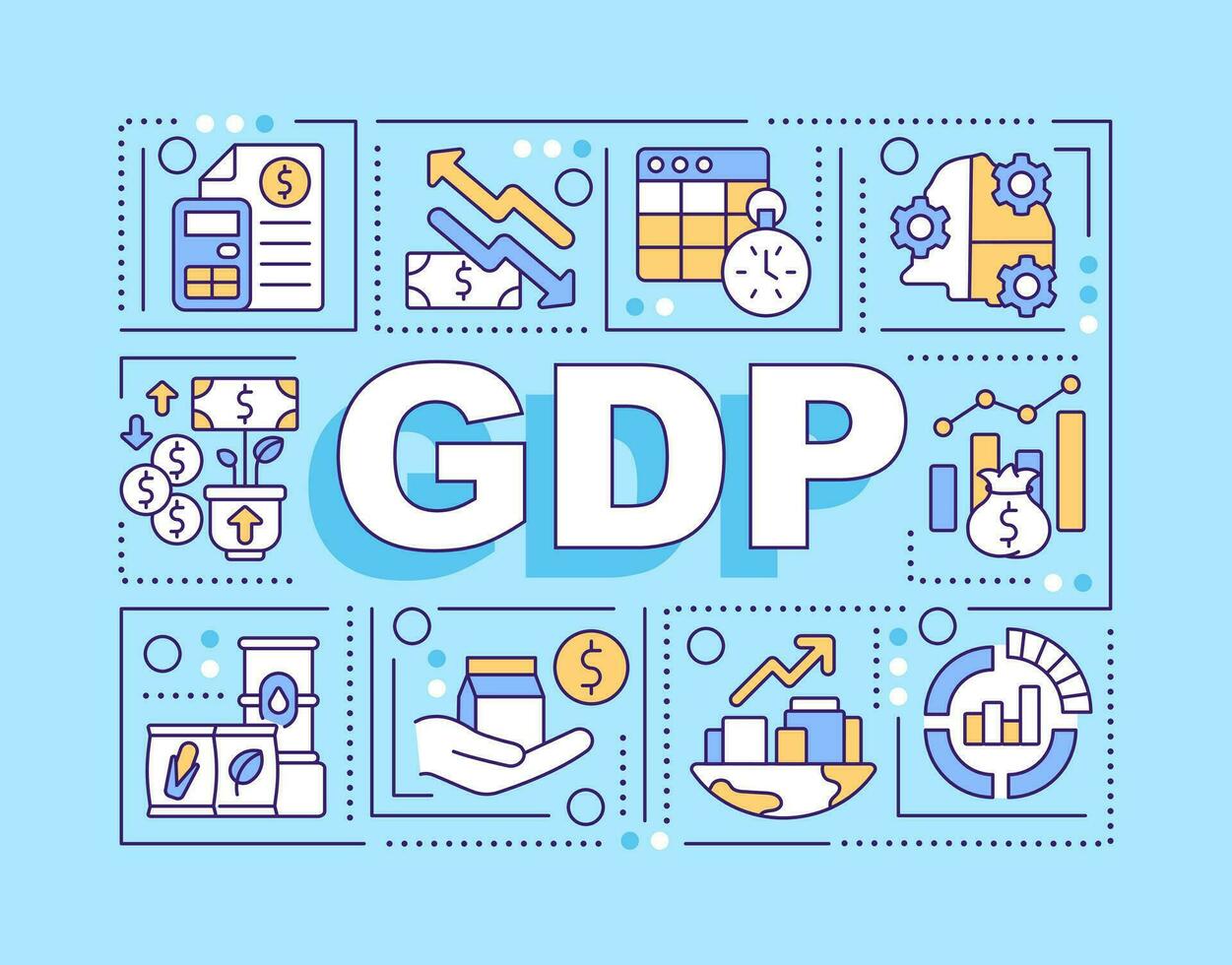 gdp mot concepts bleu bannière. économique développement indicateur. infographie avec modifiable Icônes sur Couleur Contexte. isolé typographie. vecteur illustration avec texte