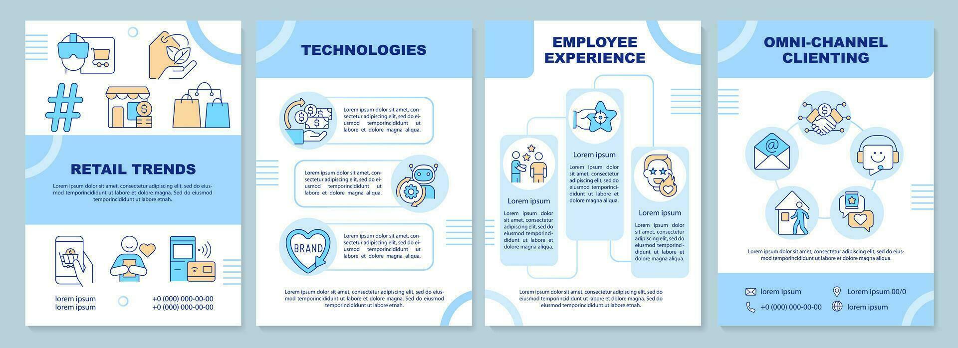 vente au détail les tendances bleu brochure modèle. achats magasin. brochure conception avec linéaire Icônes. modifiable 4 vecteur mises en page pour présentation, annuel rapports