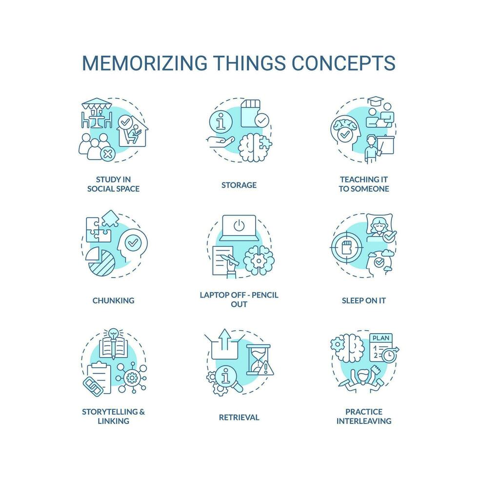 mémorisation des choses conseils concept turquoise Icônes ensemble. améliorer Mémoire compétences idée mince ligne Couleur illustrations. isolé symboles. modifiable accident vasculaire cérébral vecteur