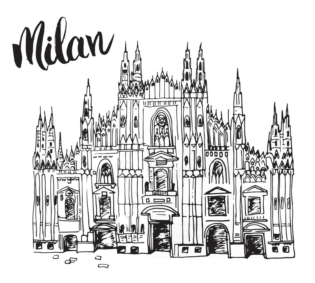 cathédrale duomo à milan, italie. croquis dessiné à la main de la célèbre église italienne avec lettrage milan, illustration vectorielle isolée sur fond blanc. vecteur