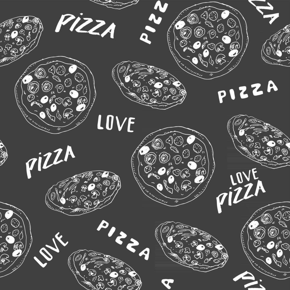croquis dessinés à la main de modèle sans couture de pizza. pizza entière et tranche de fond de nourriture de griffonnages. illustration vectorielle vecteur