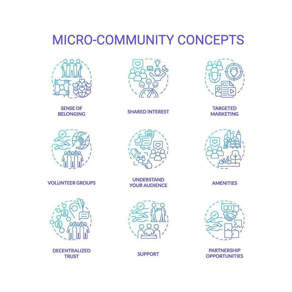 micro communauté bleu pente concept Icônes ensemble. petit grouper. social cohésion. mutuel aide. commun but. collaboratif projet. construire communauté idée mince ligne Couleur illustrations. isolé symboles vecteur