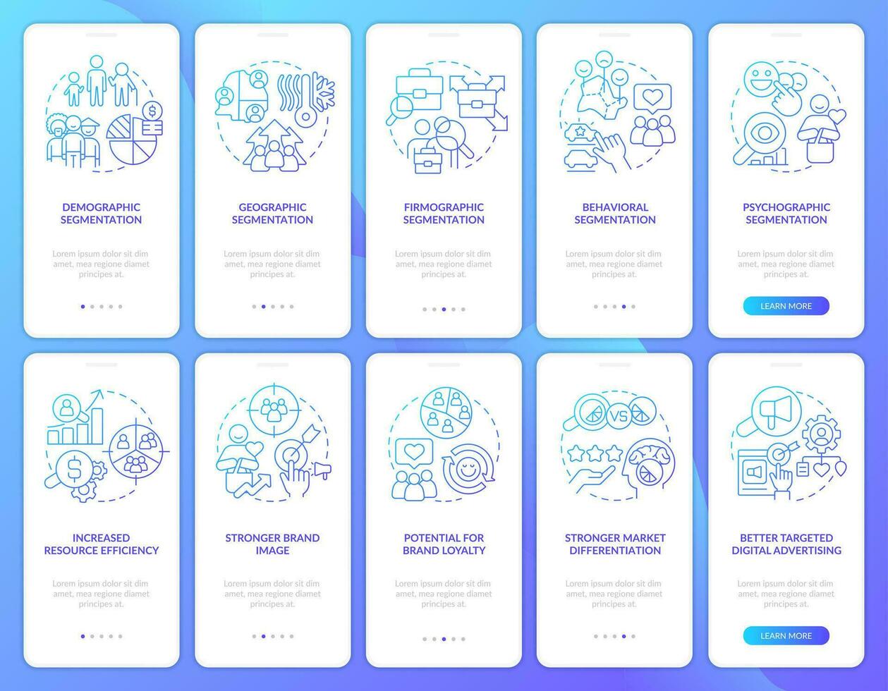 marché segmentation bleu pente l'intégration mobile app écran ensemble. procédure pas à pas 5 pas graphique instructions avec linéaire concepts. interface utilisateur, ux, gui modèle vecteur