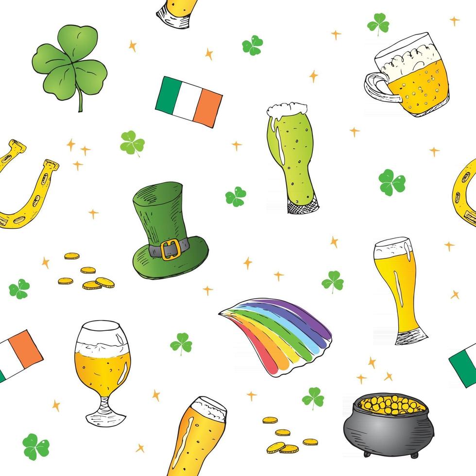 Modèle sans couture de doodle dessinés à la main de la Saint-Patrick, avec chapeau de lutin, pot de pièces d'or, arc en ciel, bière, trèfle à quatre feuilles, fer à cheval, fond d'illustration vectorielle harpe celtique vecteur