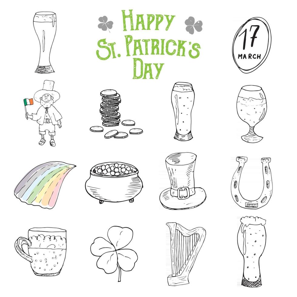 ensemble de doodle dessinés à la main st patricks day, avec leprechaun, pot de pièces d'or, arc-en-ciel, bière, trèfle à quatre feuilles, fer à cheval, harpe celtique et drapeau de l'illustration vectorielle de l'Irlande vecteur