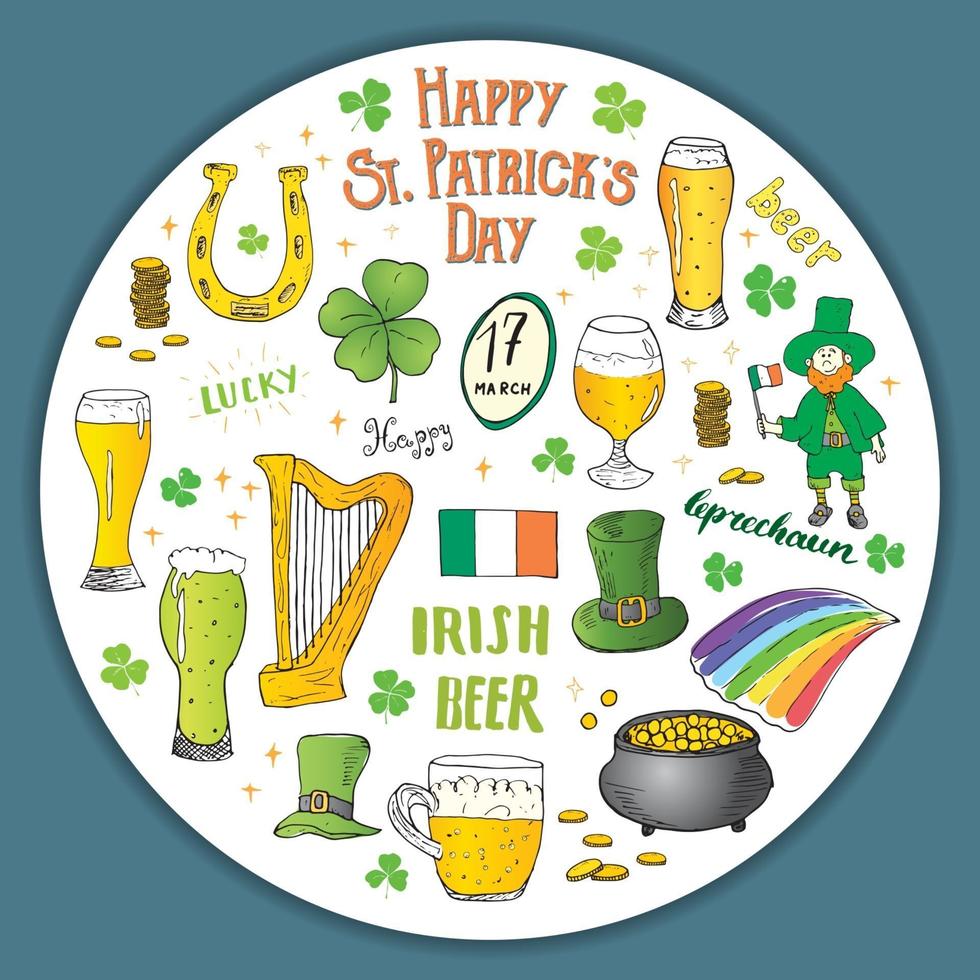 ensemble de doodle dessinés à la main st patricks day, avec leprechaun, pot de pièces d'or, arc-en-ciel, bière, trèfle à quatre feuilles, fer à cheval, harpe celtique et drapeau de l'illustration vectorielle de l'Irlande vecteur