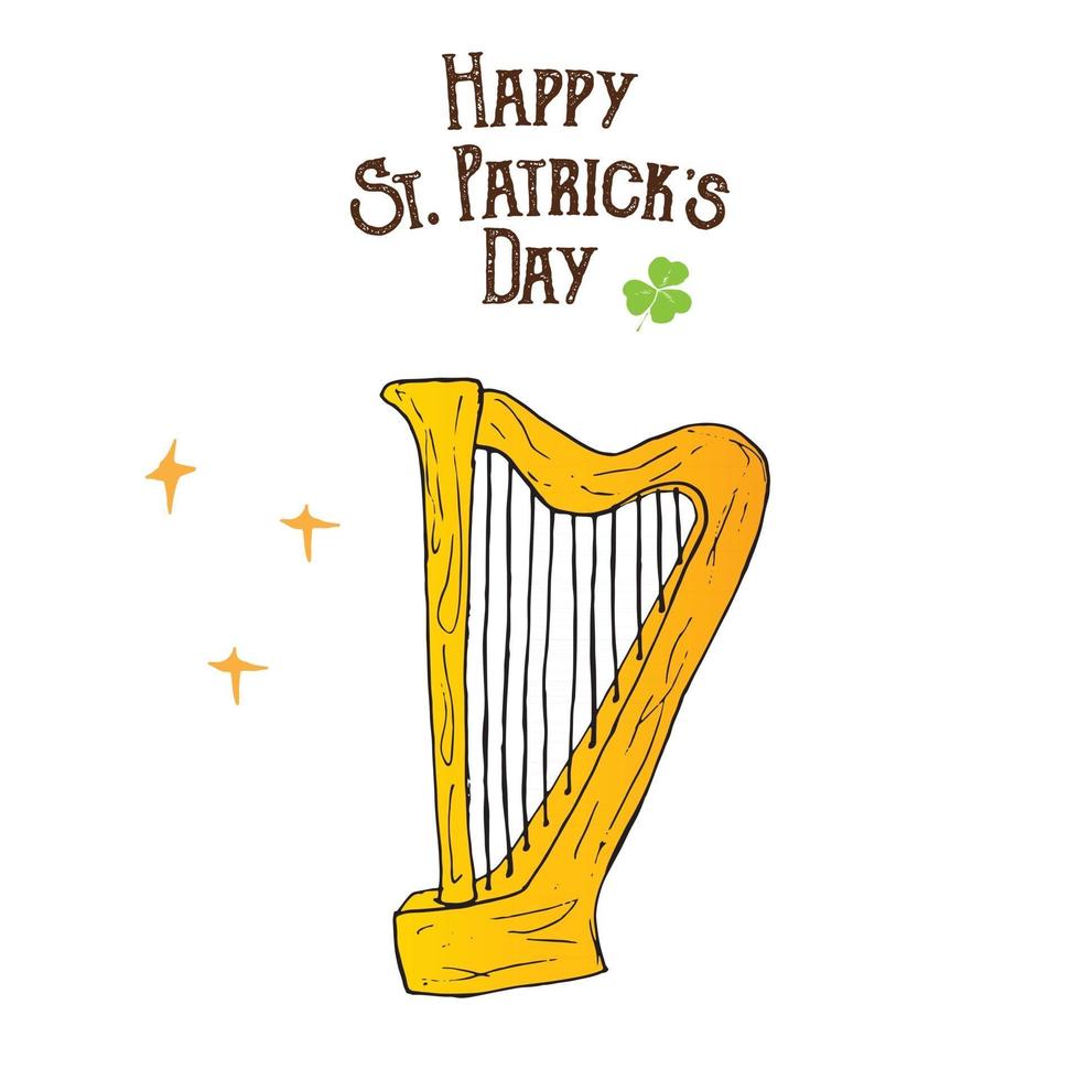 St patricks day dessiné à la main doodle harpe celtique, illustration vectorielle isolée sur blanc vecteur