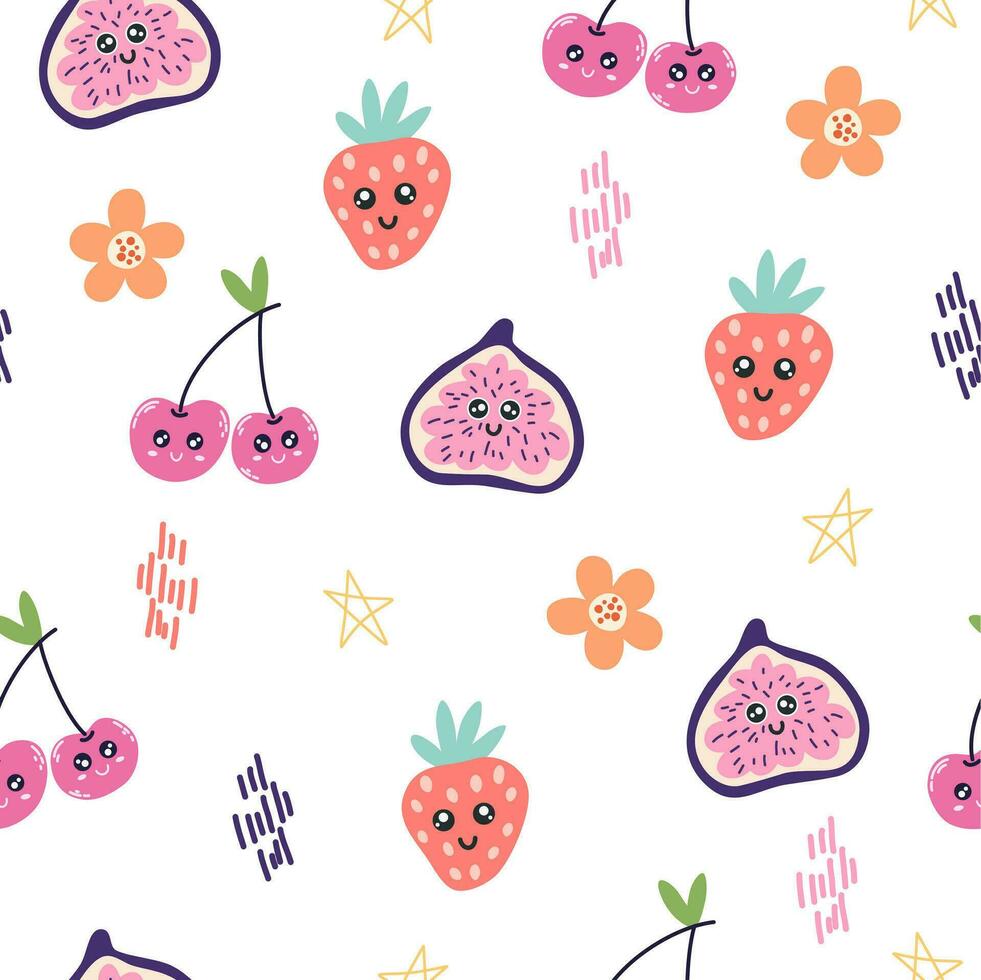 des fruits personnages avec smiley visage marrant une inscription. dessin animé branché des fruits, des fraises, cerises, figues. Créatif texture pour tissu, emballage, textile, fond d'écran, vêtements. vecteur illustration