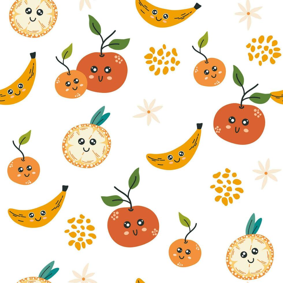 fruit personnage sans couture modèle. banane, Orange et les pêches. Créatif texture pour tissu, emballage, textile, fond d'écran, vêtements. vecteur illustration