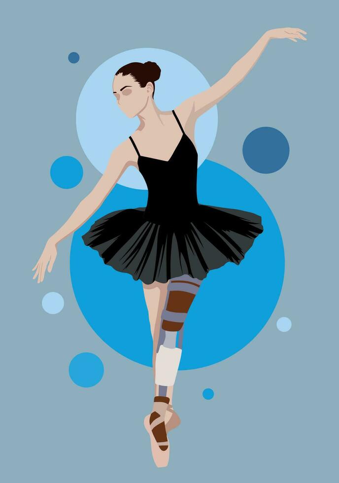 Jeune ballerine dans noir robe avec prothétique jambe dansant avec bleu éléments sur Contexte vecteur