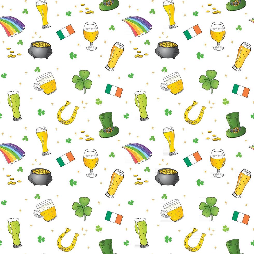 Modèle sans couture de doodle dessinés à la main de la Saint-Patrick, avec chapeau de lutin, pot de pièces d'or, arc en ciel, bière, trèfle à quatre feuilles, fer à cheval, fond d'illustration vectorielle harpe celtique vecteur