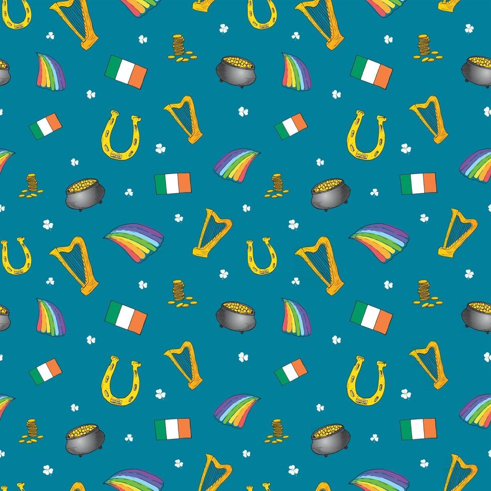 Modèle sans couture de doodle dessinés à la main de la Saint-Patrick, avec chapeau de lutin, pot de pièces d'or, arc en ciel, bière, trèfle à quatre feuilles, fer à cheval, fond d'illustration vectorielle harpe celtique vecteur