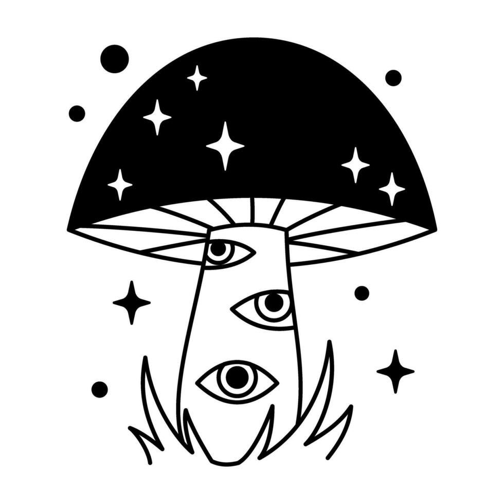 vecteur sorcier magique champignon avec étoiles et yeux dans noir couleur. contour la magie champignon et herbe. Conte de fée ésotérique champignon.