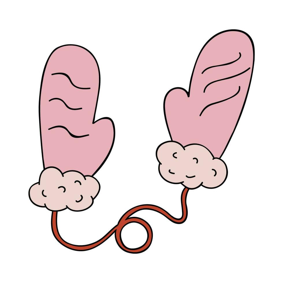 mignonne et confortable Mitaines avec fourrure et chaîne. hygge Noël signe pour autocollants, planificateurs, ferraille éléments, social médias. vecteur illustration avec main tiré contour isolé sur Contexte.