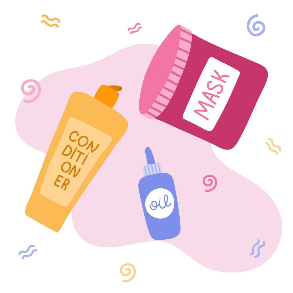 ensemble avec cosmétique des produits pour frisé fille méthode. beauté bouteilles pour nettoyage, conditionnement, coiffant pervers, frisottis cheveux. droite produits de beauté pour en bonne santé frisé, vague cheveux. mignonne clipart. main tiré vecteur. vecteur