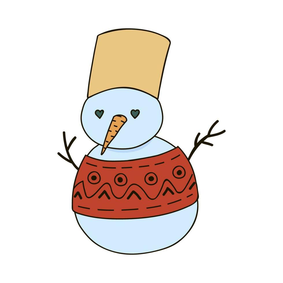 mignonne bonhomme de neige avec yeux dans une forme de cœur, carotte, seau sur le diriger, tricoté chandail avec une scandinave modèle. Noël signe, confortable clipart. vecteur illustration avec main tiré contour isolé.