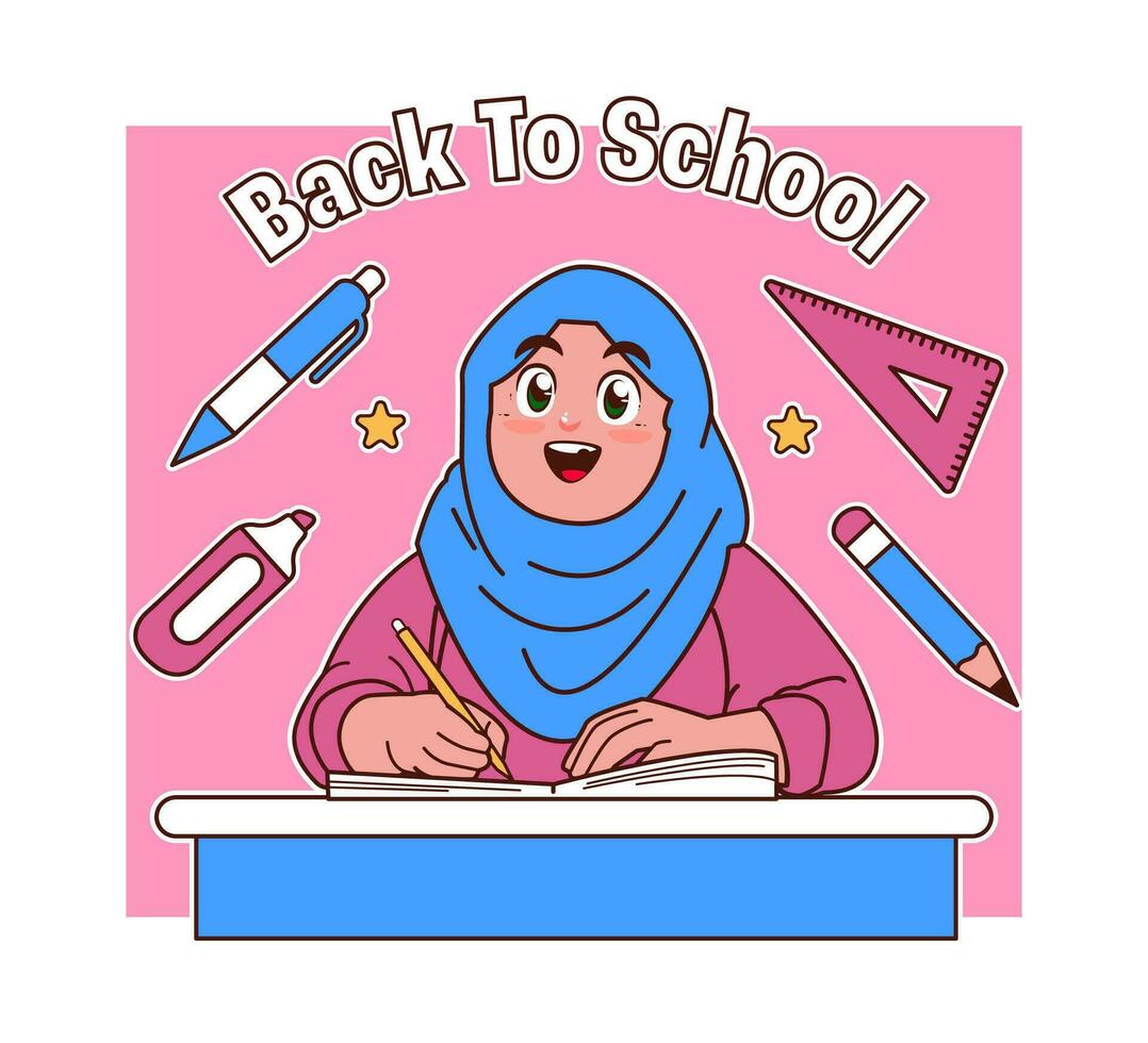 hijab enfant sont séance en train d'étudier à école, retour à école vecteur