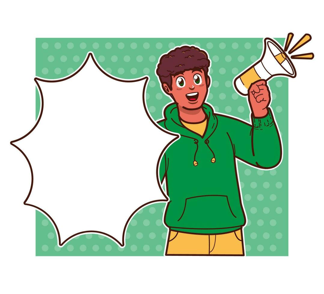 La publicité affiche bande dessinée fille avec discours bulle, homme en hurlant en utilisant mégaphone vecteur