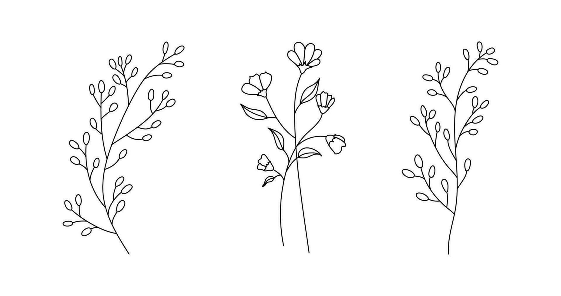 main tiré sauvage champ flore, fleurs, feuilles, herbes, végétaux, branches. minimal floral botanique ligne art. vecteur illustration pour logo ou tatouage, faire-part, enregistrer le Date carte.