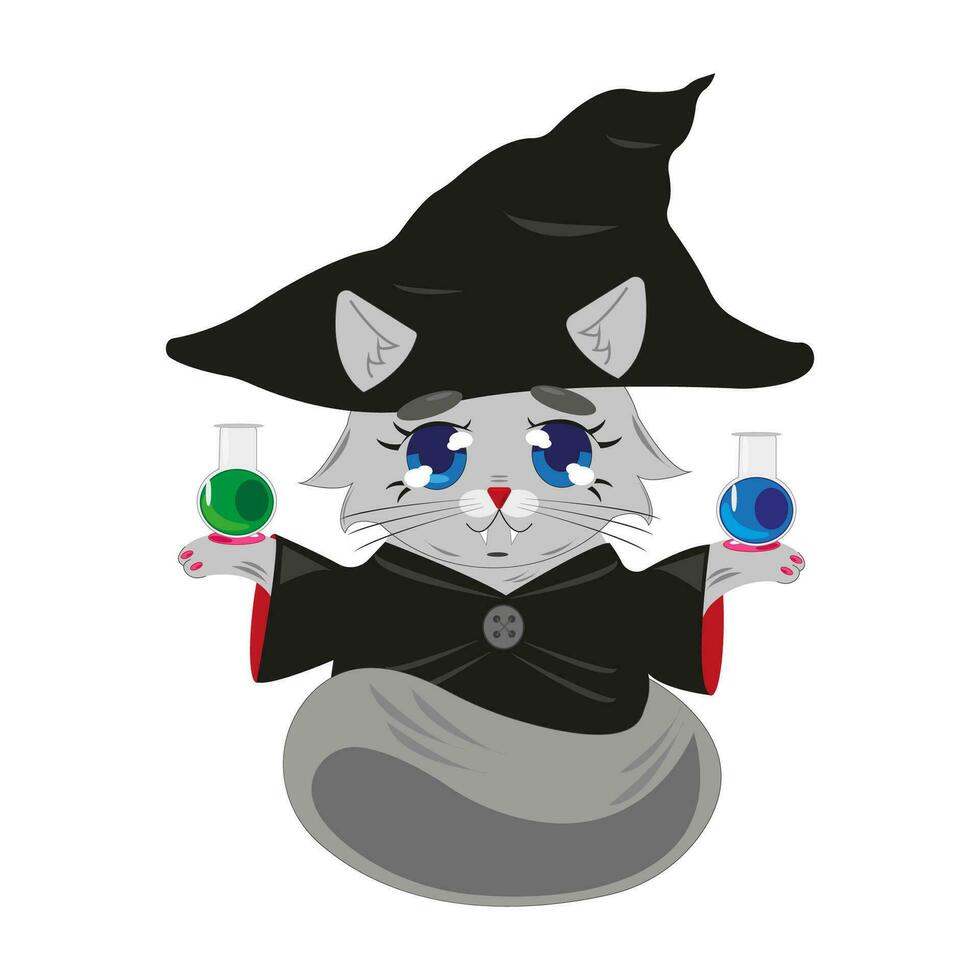 mignonne gris chat dans la magie chapeau avec potion. plat conception style vecteur illustration.