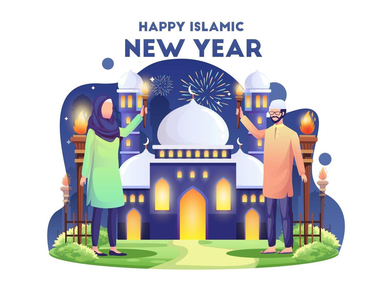 couple musulman célébrant le nouvel an islamique avec illustration vectorielle de torches festival vecteur