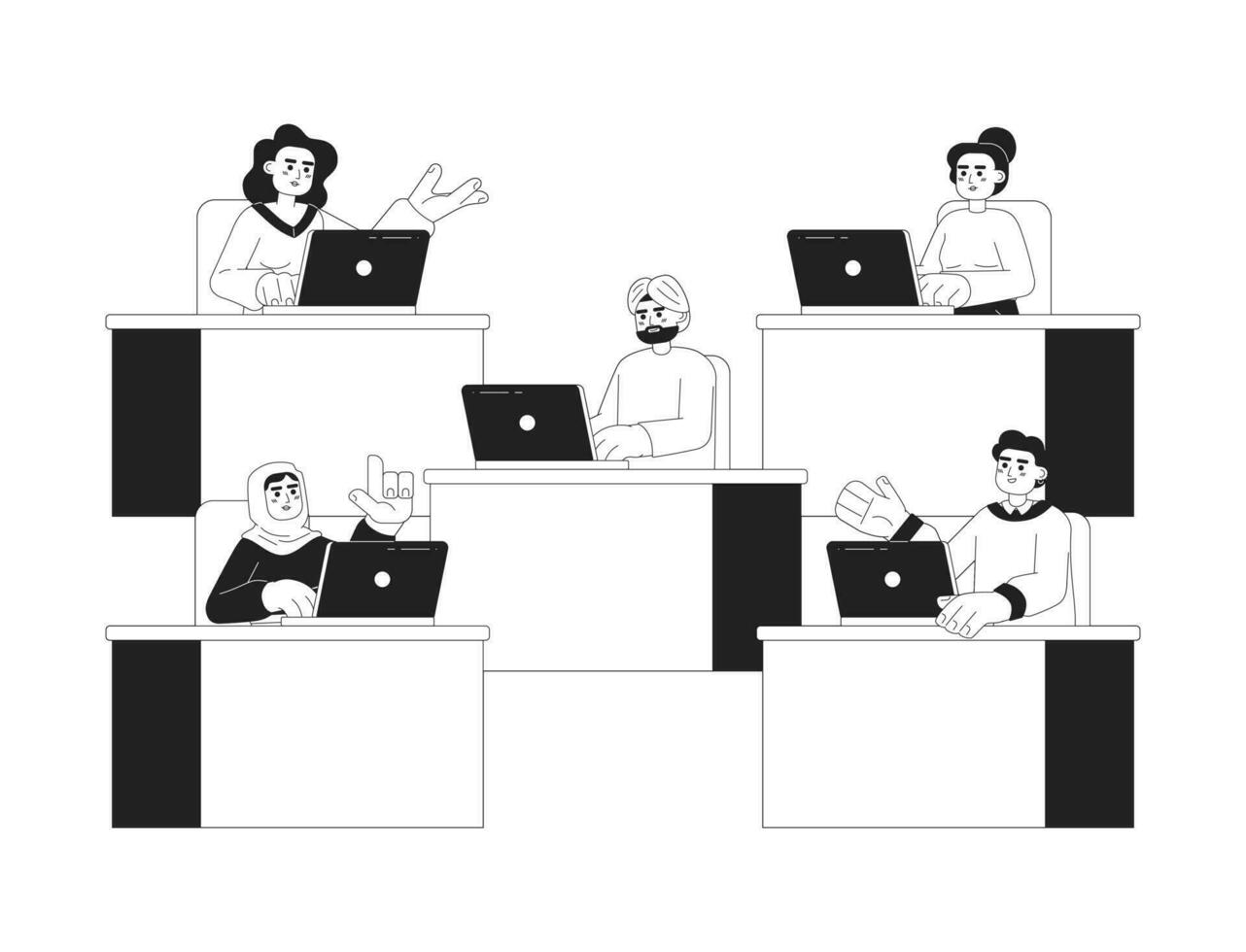 multiracial gens à Bureau 2d vecteur monochrome isolé place illustrations. ouvriers séance à bureaux plat main tiré personnages sur blanc Contexte. Bureau travail modifiable contour dessin animé scène