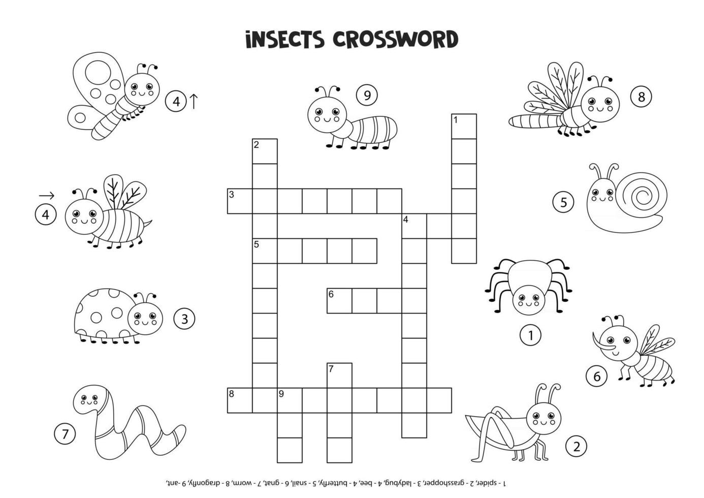 mots croisés de l'espace noir et blanc pour les enfants avec de mignons insectes souriants. vecteur