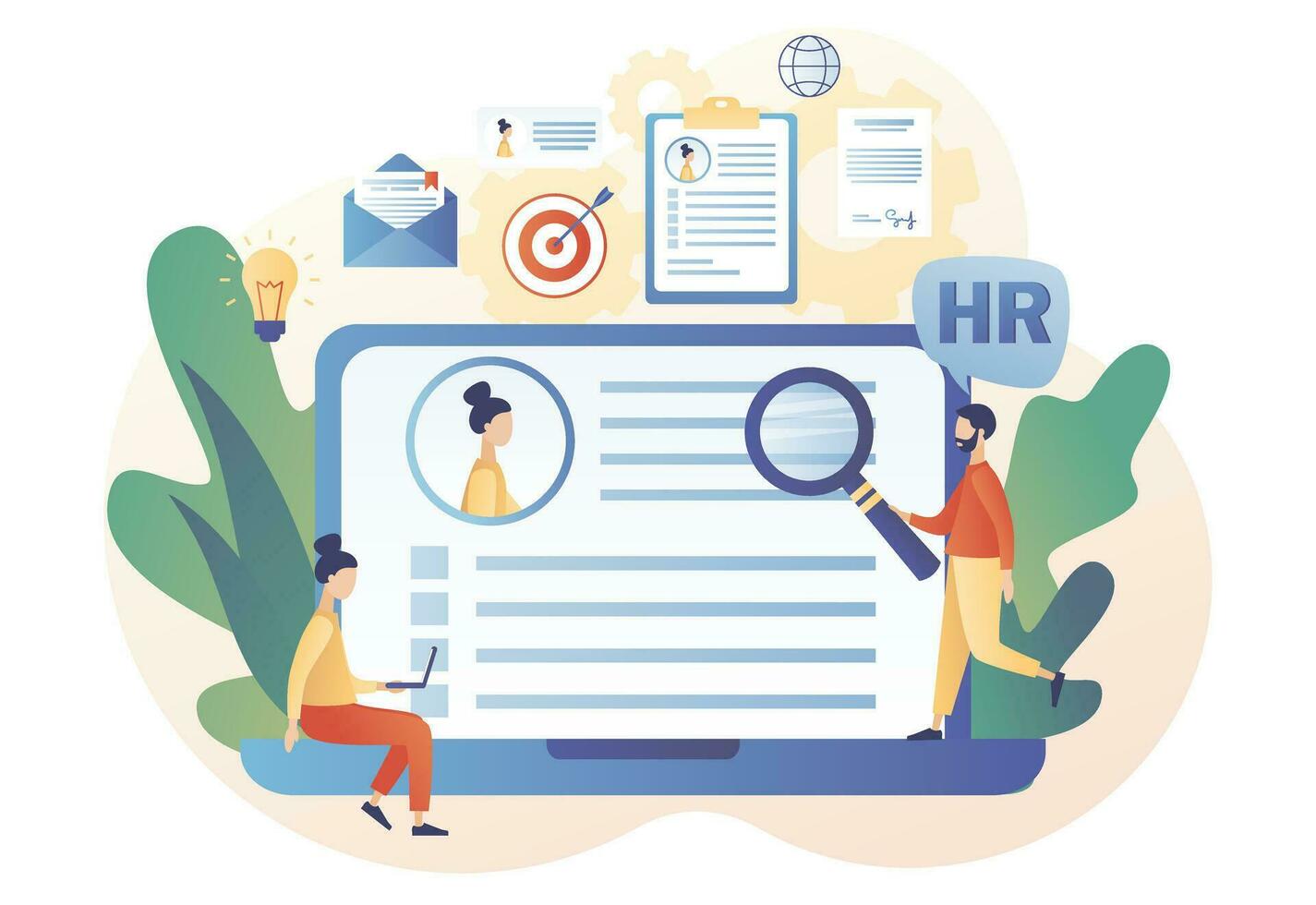 Humain Ressources gestion. heure département. employeur sélectionne candidats en ligne. recrutement agence, emploi, chasse de tête entreprise. moderne plat dessin animé style. vecteur illustration sur blanc Contexte