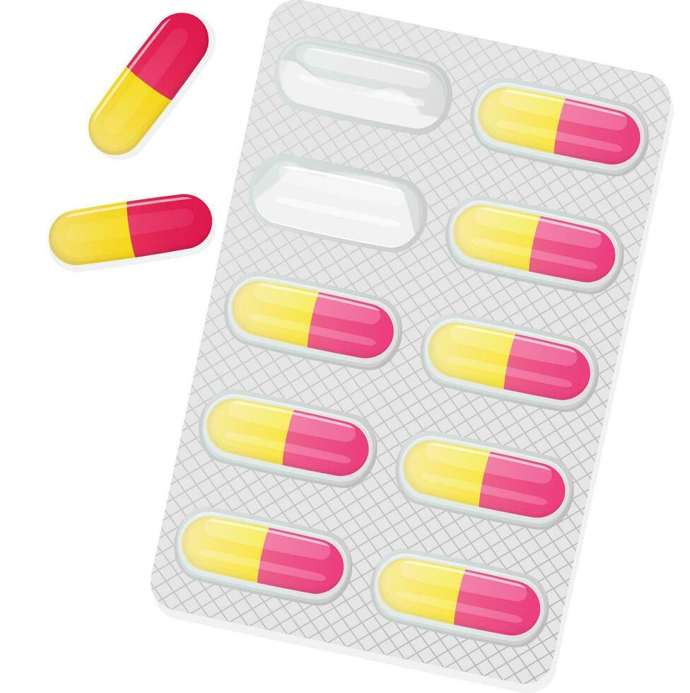 médicament capsules dans ouvert cloque pack vecteur