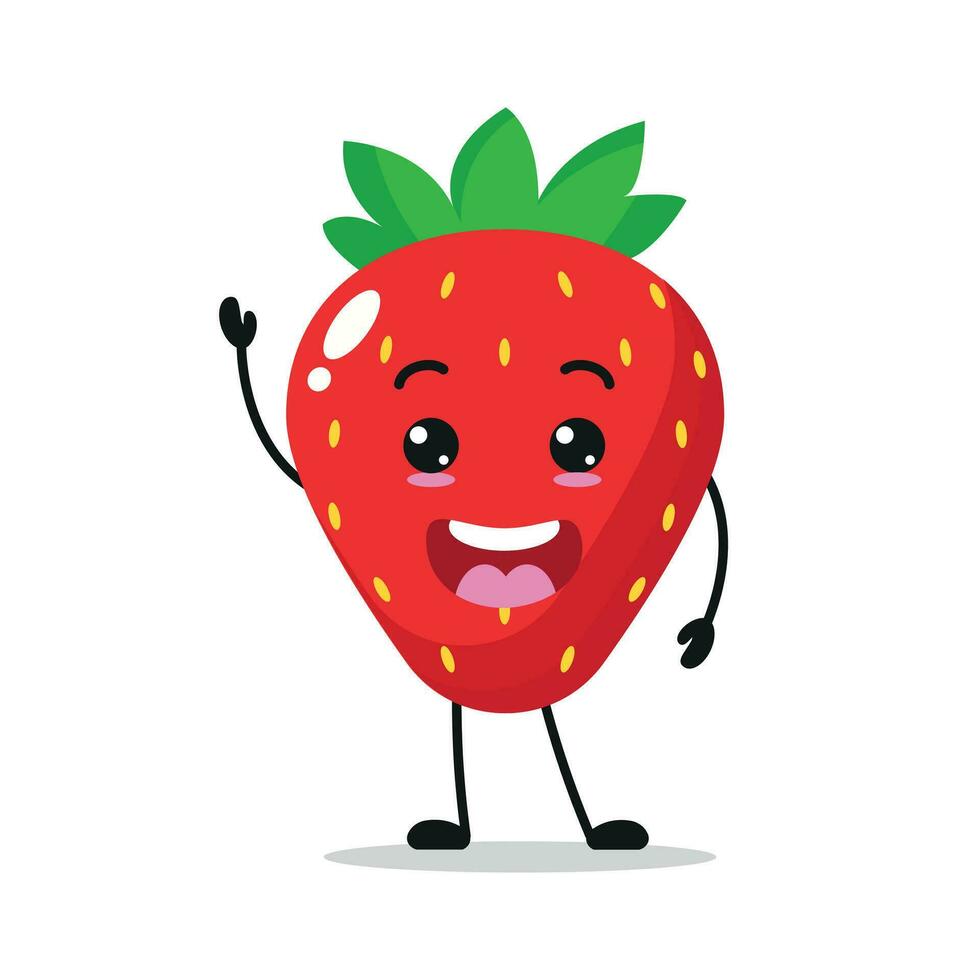 mignonne content fraise personnage. marrant fraise dessin animé émoticône dans plat style. fruit emoji vecteur illustration