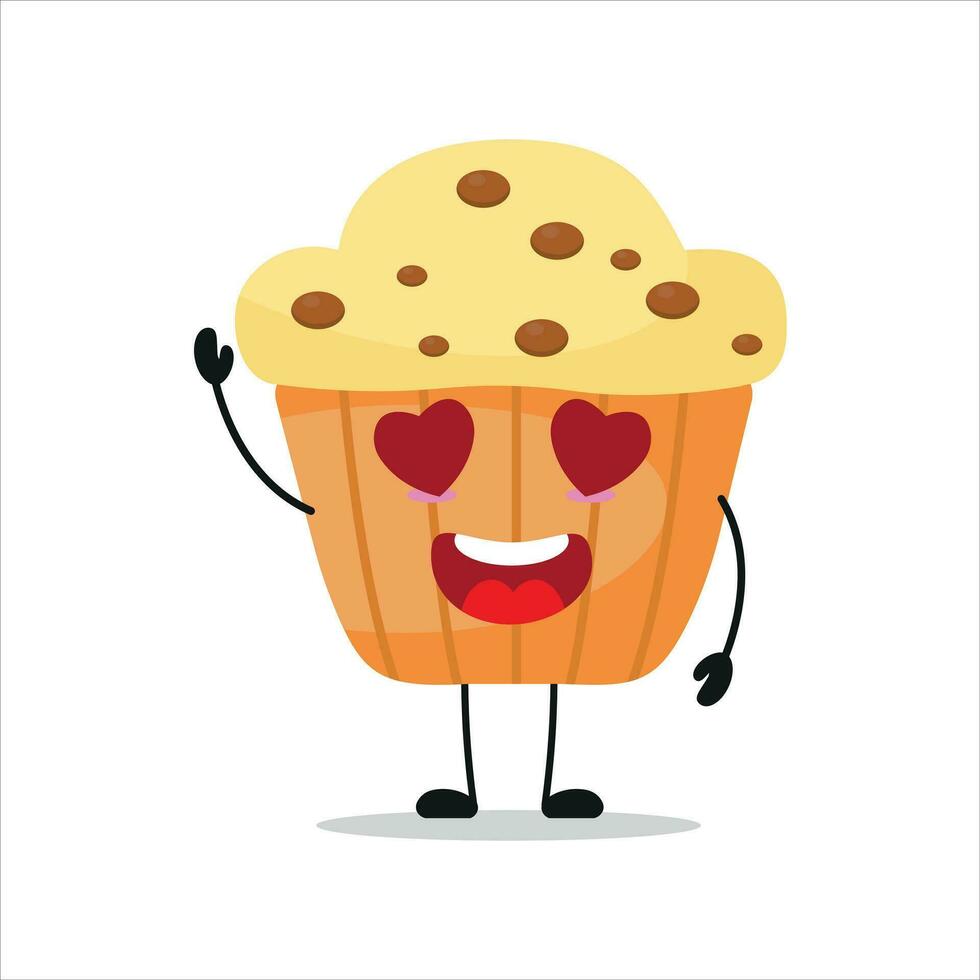 mignonne content muffin personnage. marrant tomber dans l'amour petit gâteau dessin animé émoticône dans plat style. boulangerie emoji vecteur illustration