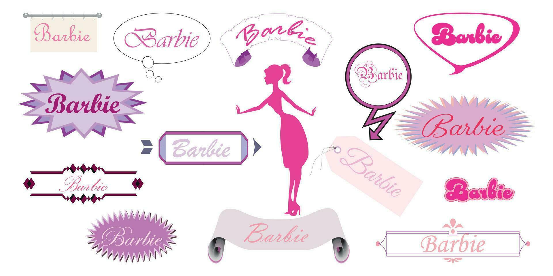 bannières, Étiquettes, panneaux avec le une inscription Barbie avec une variété de manuscrit polices dans rose nuances vecteur