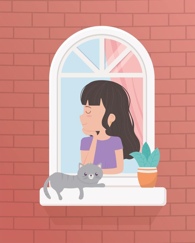 rester à la maison en quarantaine, femme et chat dans la fenêtre avec plante vecteur